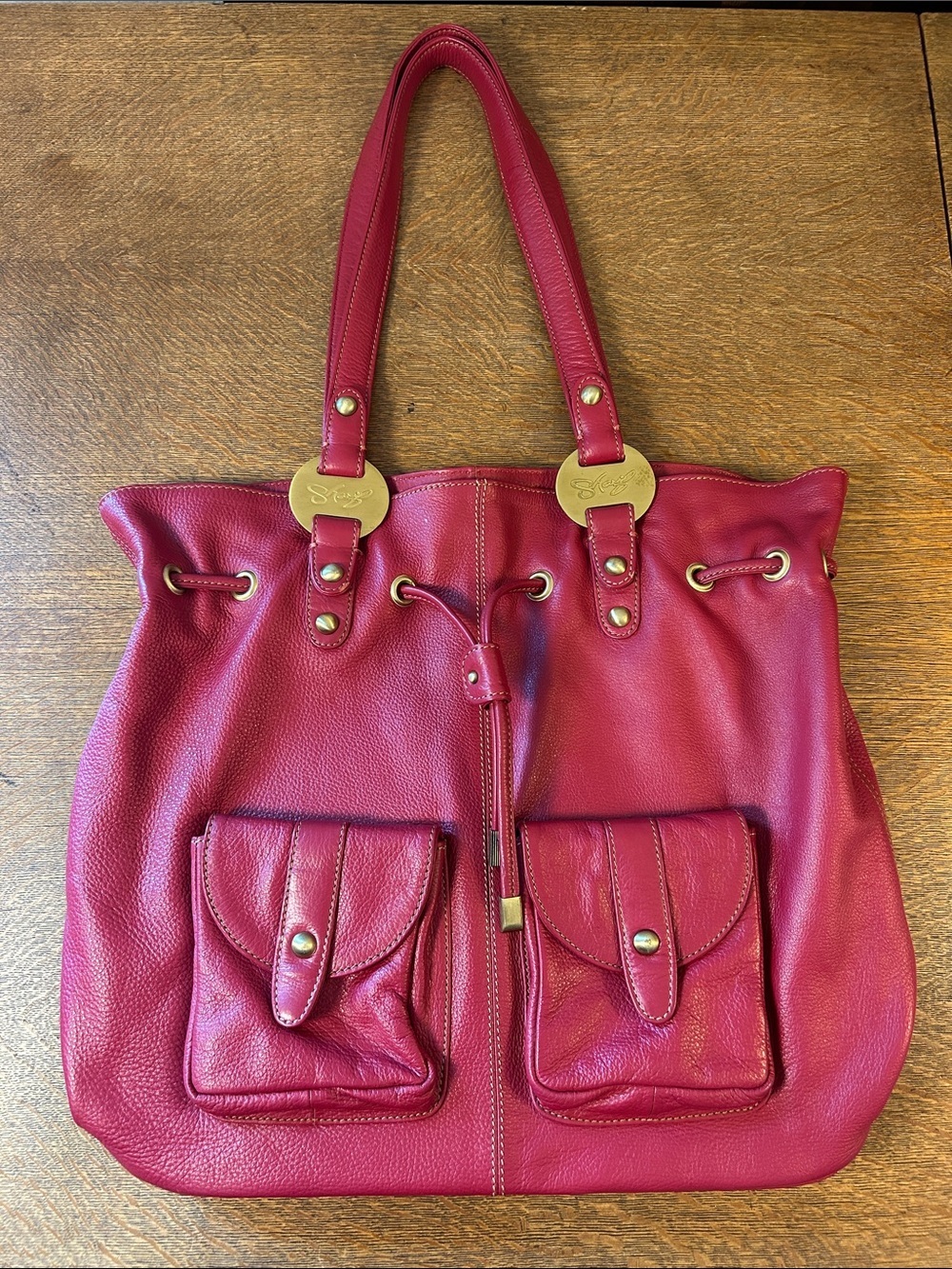 Sharif Americana Red Genuine Pebble Leather Large Hobo Shoulder Bag - Picture 16 of 16
